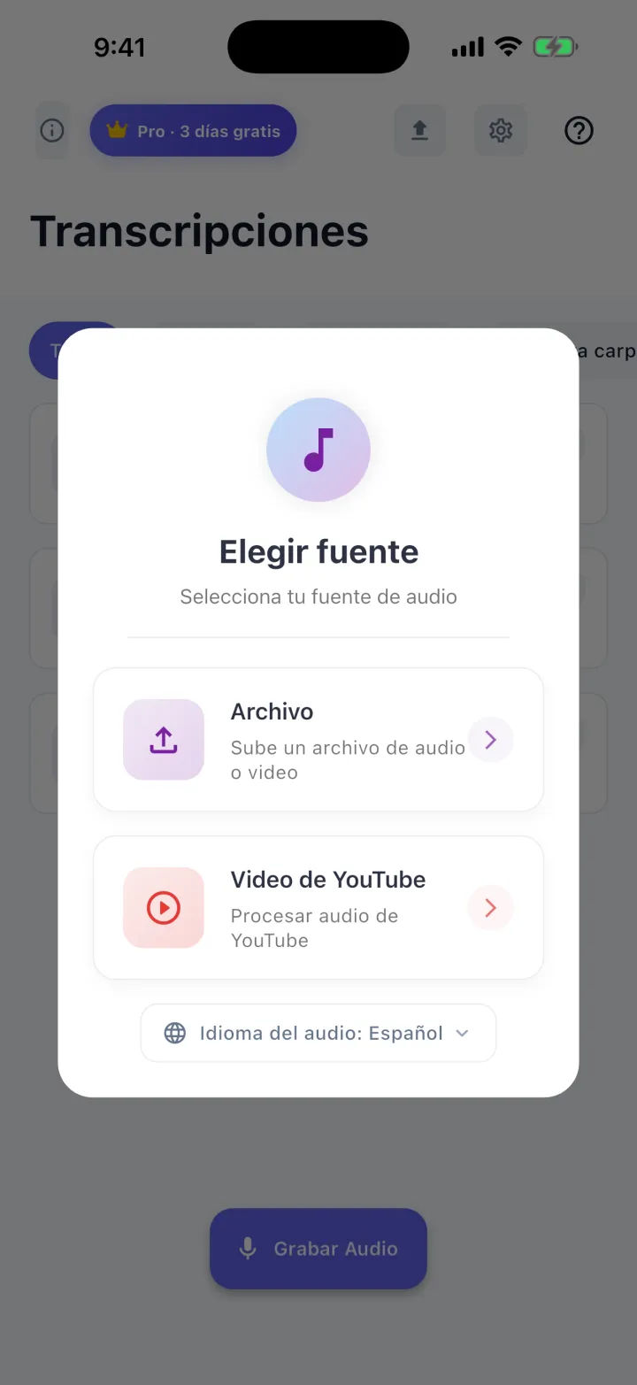 Pantalla «Elegir fuente» de Tiro: archivo de audio o video y video de YouTube