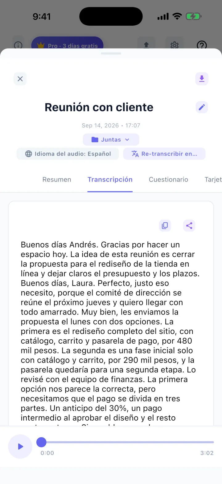Transcripción de una reunión de 3 minutos en Tiro