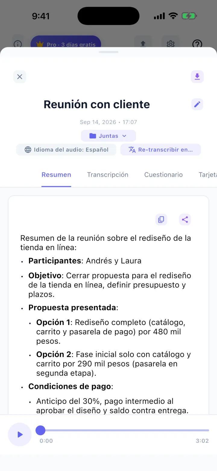 Resumen con IA de la reunión: participantes, objetivo, propuesta y condiciones de pago